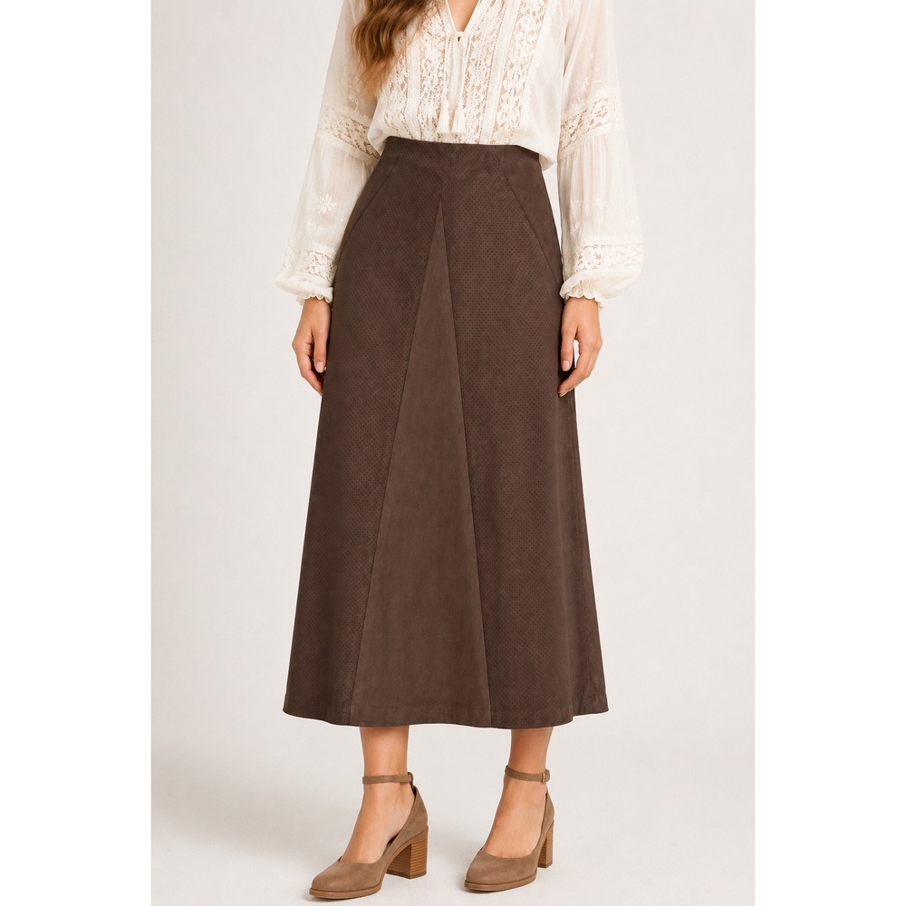 TRIBAL Faux Suede Panel A-Line Midi Skirt Womens 8 Espresso Perforated NWT